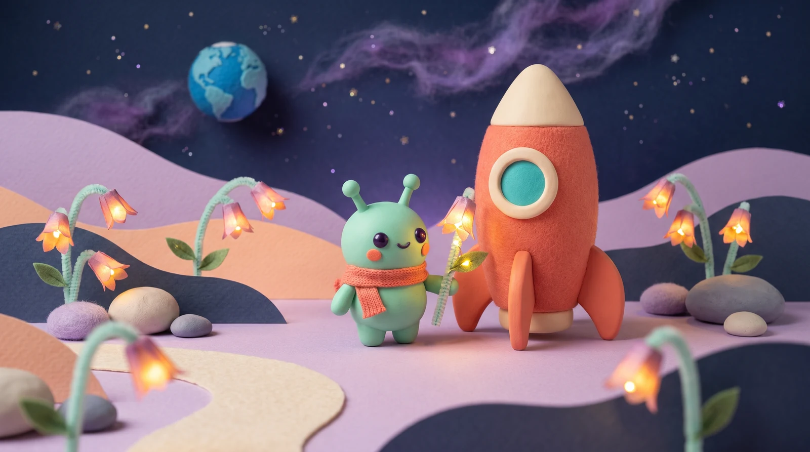 A friendly storybook space explorer among glowing flowers on the moon